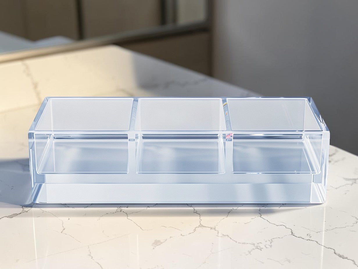 BOONT Premium Clear Acrylic 3-Slot Desk Organizer | Minimalist Office Supplies & Cosmetics Caddy