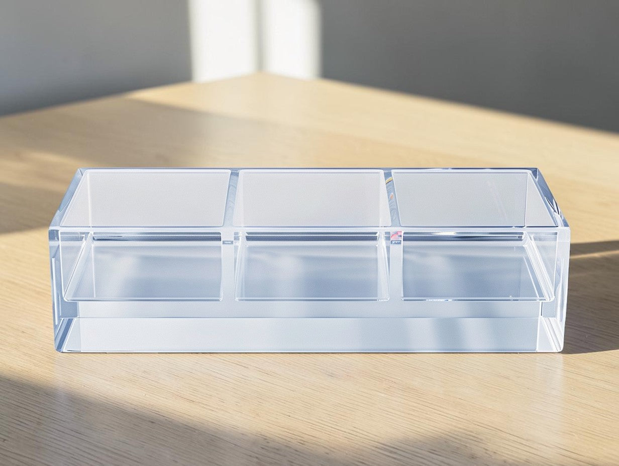 BOONT Premium Clear Acrylic 3-Slot Desk Organizer | Minimalist Office Supplies & Cosmetics Caddy